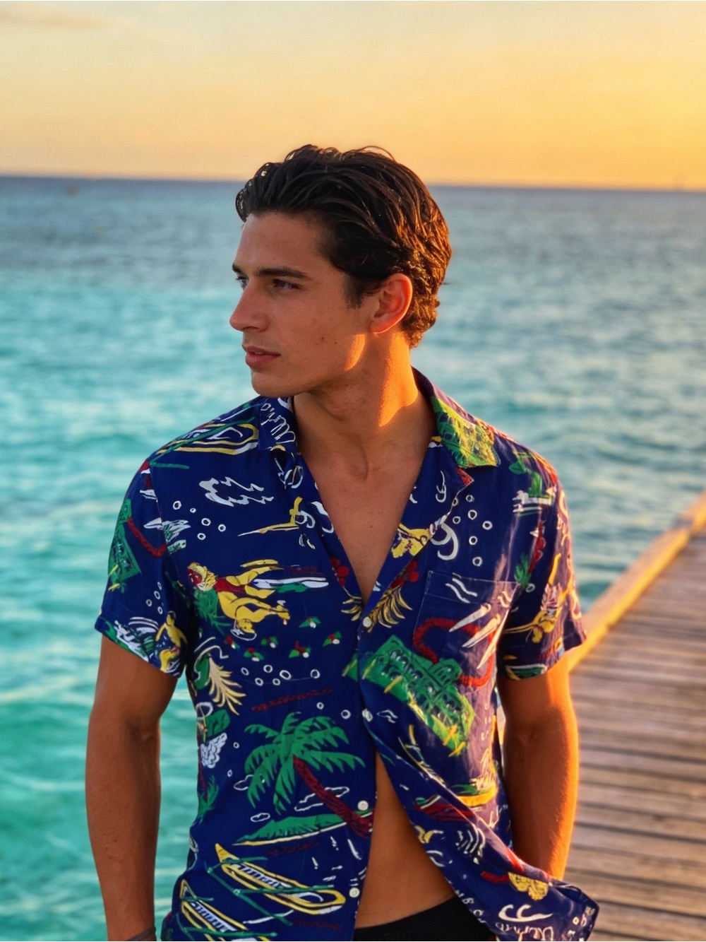 Polo Ralph Lauren Men's Short Sleeve Button-Up Hawaiian Print Shirt Blue M